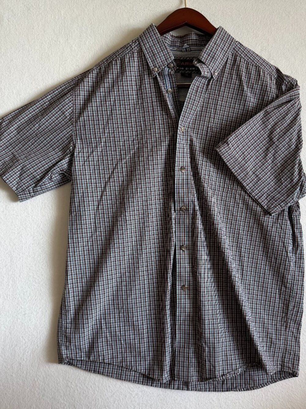Ariat Pro Series Shirt Mens Sz L Brown Blue Plaid Pen Pocket Vented Underarm